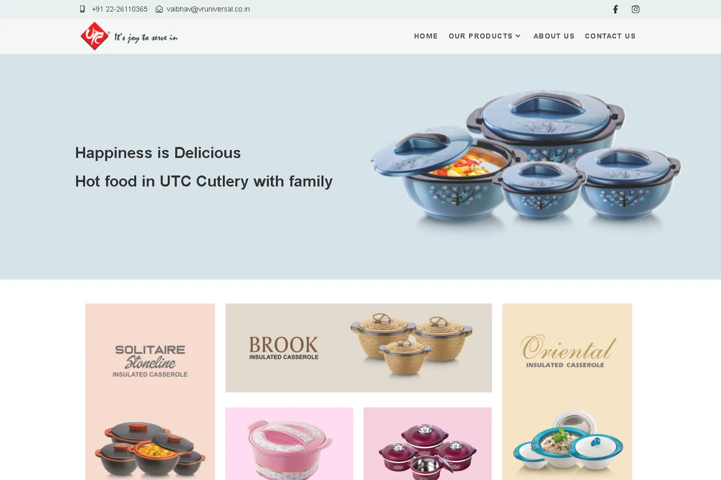 UTC India homepage showing insulated cookware products
